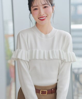 Tiaclasse L モックネックフリルニットトップス オフホワイト