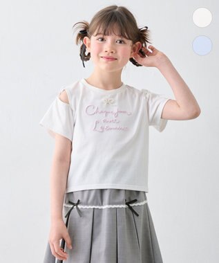  肩あき ロゴ刺繍Tシャツ