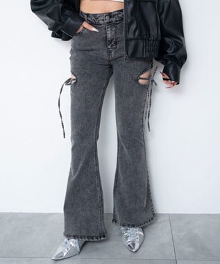 WEGO 【SMサイズ展開/伸びる】カットアウトリボンストレッチフレアデニムパンツ ブラックその他