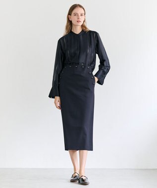 BEIGE， HAUYNITE / シアーストライプバンドカラーブラウス Navy