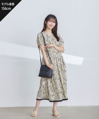 Tiaclasse 【袖が選べる・洗える】配色モノクロ花柄ワンピース 半袖：アイボリー