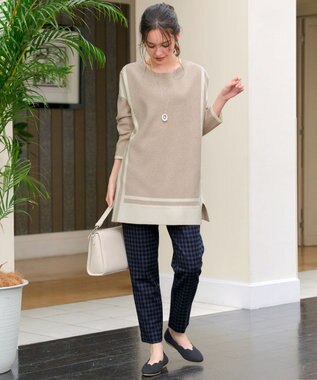 Tiaclasse 【新色追加・洗える】配色ニットチュニック ベージュ×アイボリー
