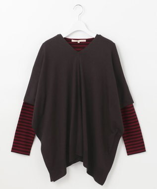 自由区 【洗える/セットアイテム】マルチWAYコンビ ニットポンチョ×プルオーバー ブラウン系ボーダー
