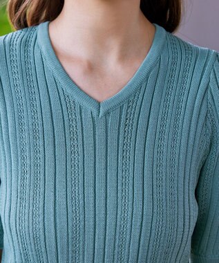 Tiaclasse L 【洗える】パフスリーブ透かし編みニットトップス ミント