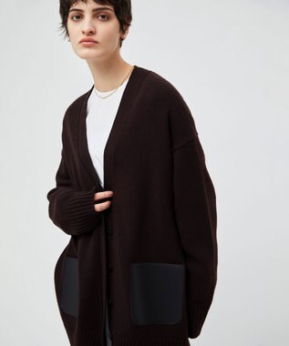 BEIGE， 【洗える】LEADER / フェイクレザーポケットオーバーサイズカーディガン Bordeaux