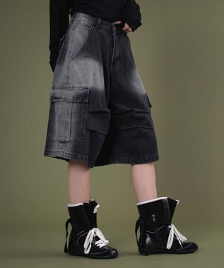 WEGO フラップポケットニータックカーゴハーフパンツ ブラック