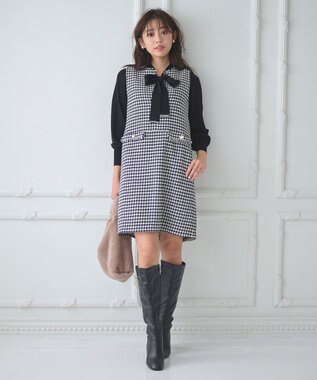 Feroux 【洗える】プチパールボウタイ ニット ブラック系