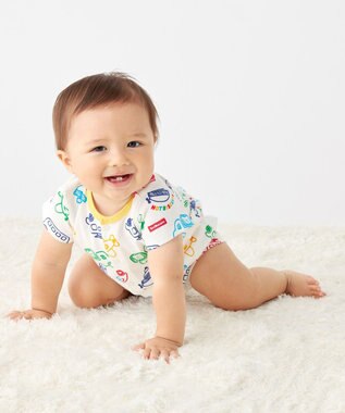 MIKI HOUSE HOT BISCUITS 【70-80cm】ビーンズ×乗り物 総柄ショートオール 白