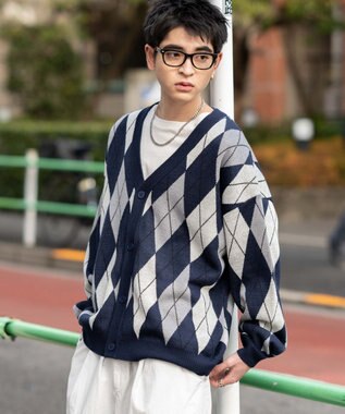 WEGO リラックスフィットパターンカーディガン ネイビー