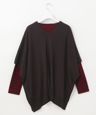 自由区 【洗える/セットアイテム】マルチWAYコンビ ニットポンチョ×プルオーバー ブラウン系ボーダー