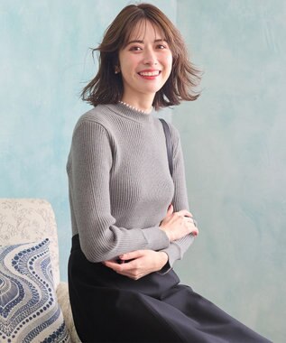 ANY SIS 【洗える】ネックパール調リブ ニット グレージュ