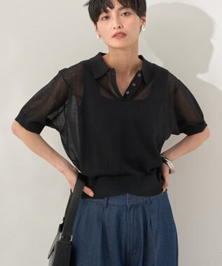 AMERICAN HOLIC ウォッシャブルシアーニット半袖ポロシャツ Black