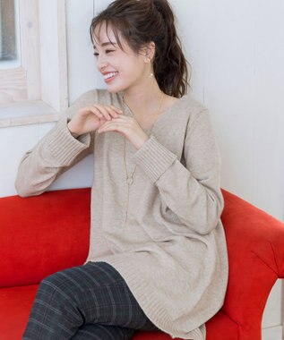 Tiaclasse 【洗える】Vネックリブニットチュニック ベージュ