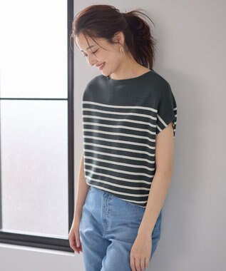 ANY 【洗濯機可/アンチピリング/UVカット】アクリルガーターフレンチスリーブニット チャコール×オフ