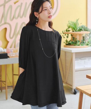 Tiaclasse 【洗える】裾フリルパフ袖チュニック ブラック