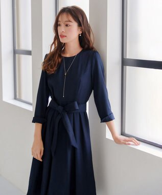 Tiaclasse L 【洗える】花柄刺繍フレアワンピース ネイビー