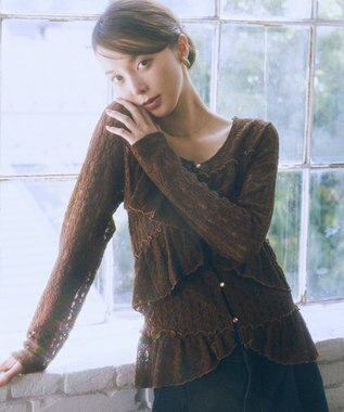 earth music&ecology レースフリルメローカーディガン Brown