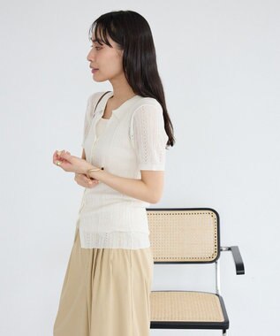 CRAFT STANDARD BOUTIQUE レースニット衿付き半袖カーディガン Off White