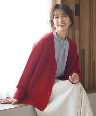 ANY 【洗濯機可】ラムウールVネック カーディガン レッド系