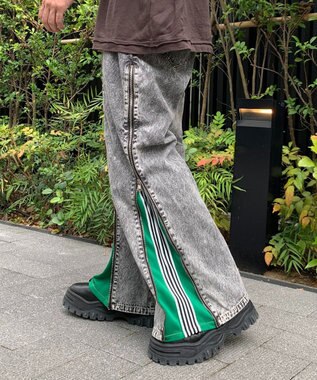 WEGO 【ユニセックス着用ITEM】ジャージドッキングZIPデニムパンツ グリーン