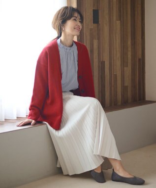 ANY 【洗濯機可】ラムウールVネック カーディガン レッド系