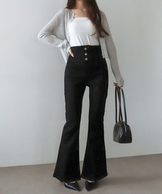 WEGO 【ストレッチ/美脚/脚長シルエット/XSSMサイズ展開】ハイウエストストレッチフレアデニムパンツ デニムブラック