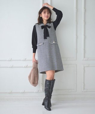 Feroux 【洗える】プチパールボウタイ ニット ブラック系