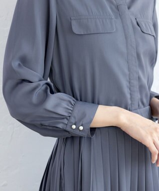 Tiaclasse L 【洗える】ヴィンテージサテンシャツワンピース ブルー