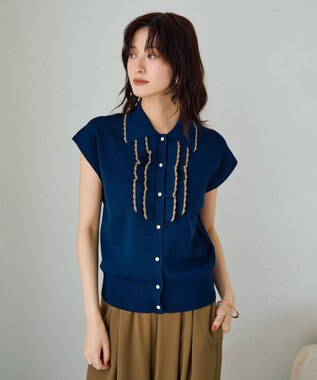 YECCA VECCA 配色フリルカーディガン Navy