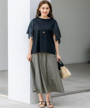 23区 L 【Lサイズ限定/洗える】スカーフプリントコンビ スリーブデザイン カットソー ブラック×ベージュ