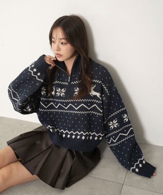 WEGO ノルディック柄ハーフジップニット ネイビー