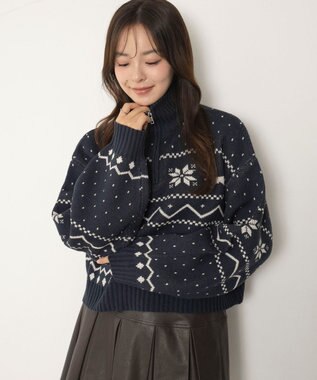 WEGO ノルディック柄ハーフジップニット ネイビー