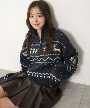 WEGO ノルディック柄ハーフジップニット ネイビー