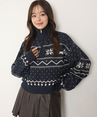 WEGO ノルディック柄ハーフジップニット ネイビー