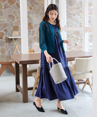 Tiaclasse 【洗える】メッシュ編みスリーブカーディガン ターコイズ