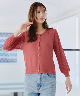 Tiaclasse 【洗える】メッシュ編みスリーブカーディガン コーラル