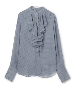 BEIGE， CALLERRY / シルク混ドットラッフルブラウス Dull Blue