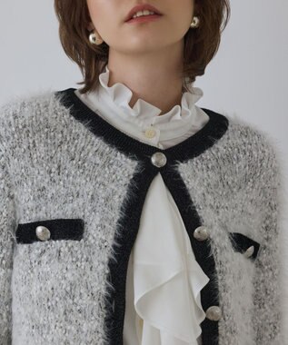 GRACE CONTINENTAL ノーカラーフェザーニットカーディガン バイカラー