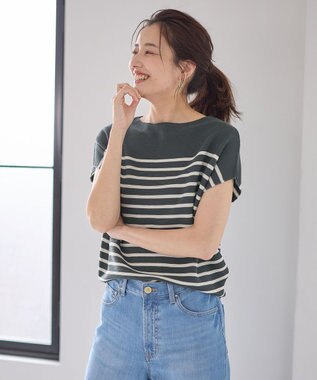 ANY 【洗濯機可/アンチピリング/UVカット】アクリルガーターフレンチスリーブニット チャコール×オフ