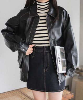 WEGO エイジドFレザーブルゾン ブラック