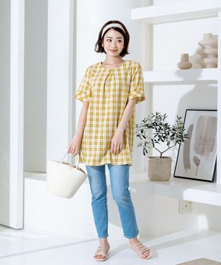 Tiaclasse 【洗える】体型カバーも叶う幅広カフスチュニックブラウス イエローチェック