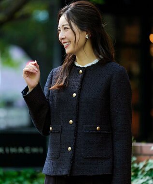 ANY SIS L ノーカラーフリンジツイード ジャケット