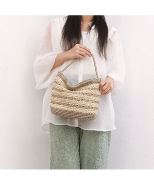 UNBILLION カシュカシュ cachecache / ボーダーコンビ編みワンハンドル2wayミニトート ベージュ