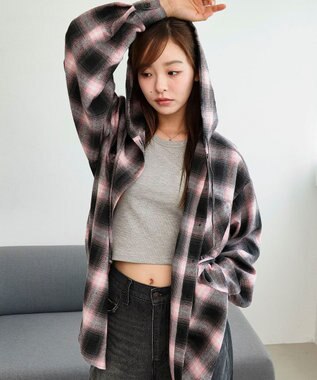 WEGO 【25年秋冬新作】チェックフードBIGネルシャツ ピンク