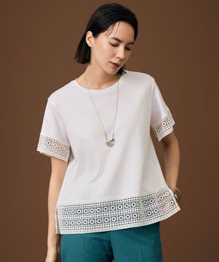 自由区 ナチュラルコットンハイゲージレースドッキング Tシャツ オフ