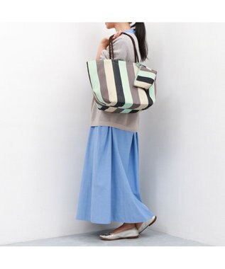 UNBILLION カシュカシュ cachecache / ウォータプルーフストライプビッグトート グリーンミックス