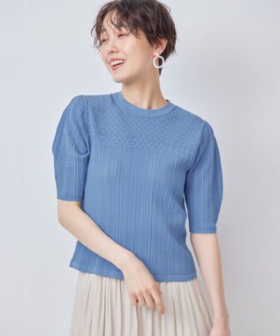 組曲 L 【WEB限定】編地切り替え 半袖ニット ブルー系