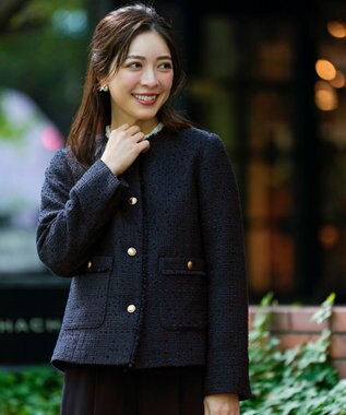 【美品】drawer ツイードフリンジノーカラージャケット　ネイビー 楽天市場】【ドゥロワー】DRAWER ツイード フリンジ スパンコール ノー