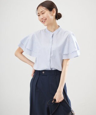 組曲 コットンレーヨンシャーティング ブラウス ブルーストライプ系1