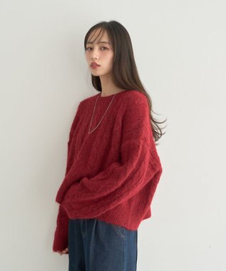 earth music&ecology モヘヤタッチケーブルニットプルオーバー レッド